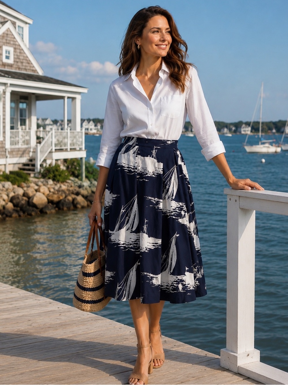 Talbots Cotton A-line Pleated Navy Sailboats Skirt